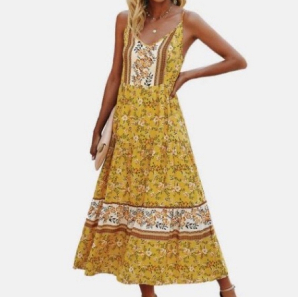 Elegant Yellow Floral Cottagecore Prairie Adjustable Spaghetti Strap Dress